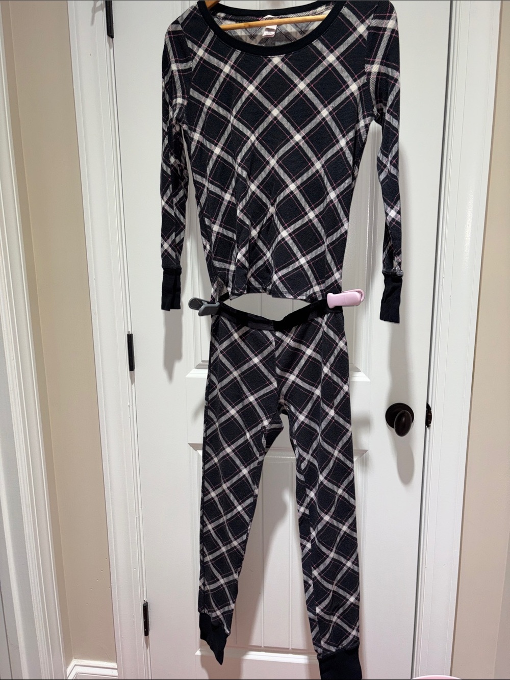 Victoria's Secret Black and Pink Plaid Long-Sleeve Pajama Set with Trim